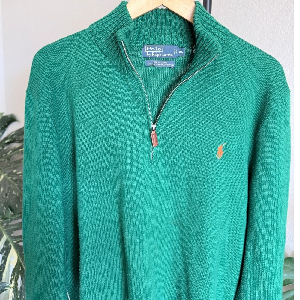 Polo Ralph Lauren Mens XL Green 100% Cotton Quarter Zip Mock Neck Sweater Pony